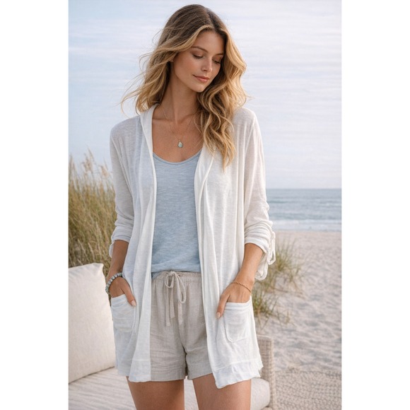 Tahari Sweaters - Cynthia Rowley Linen Blend Open Front Cardigan Hooded Lightweight Knit Coastal